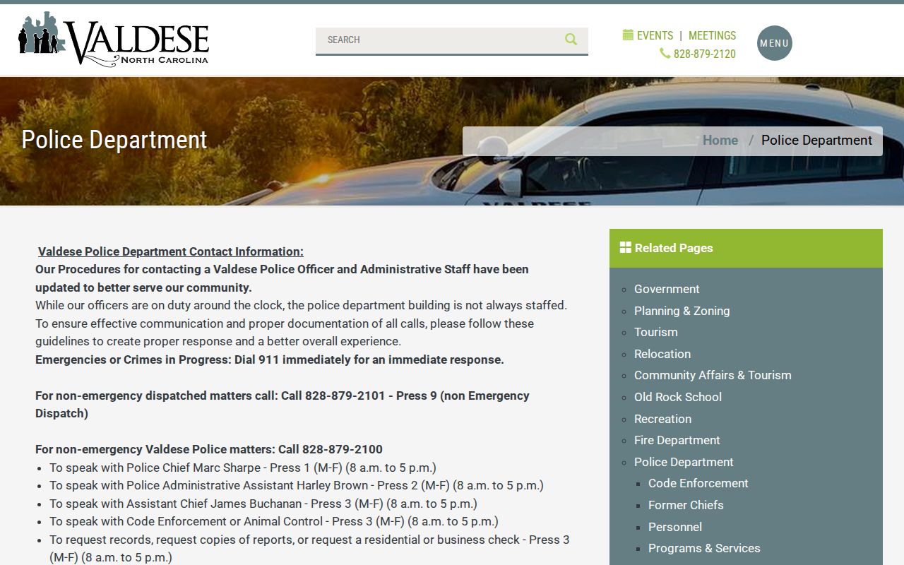 Official Valdese Police Department page showing department contacts and records access