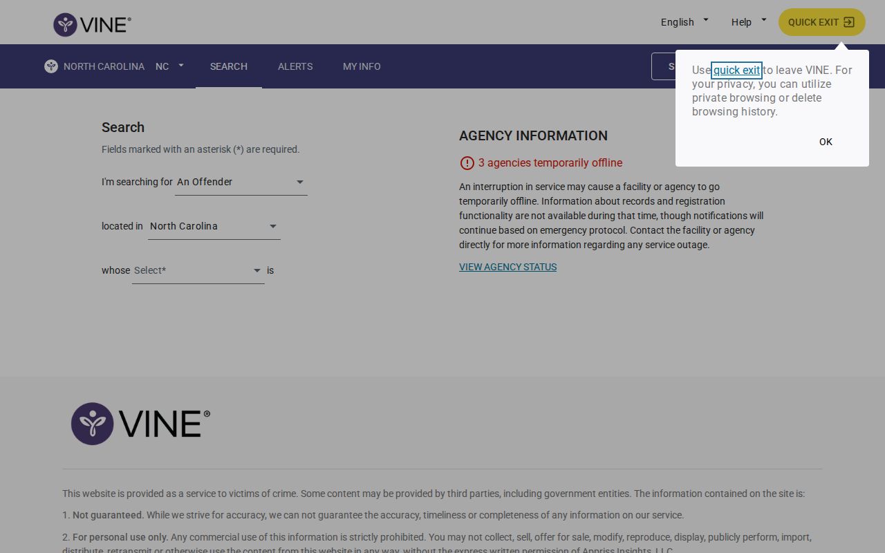 Burke County arrest VINELink North Carolina custody search screen