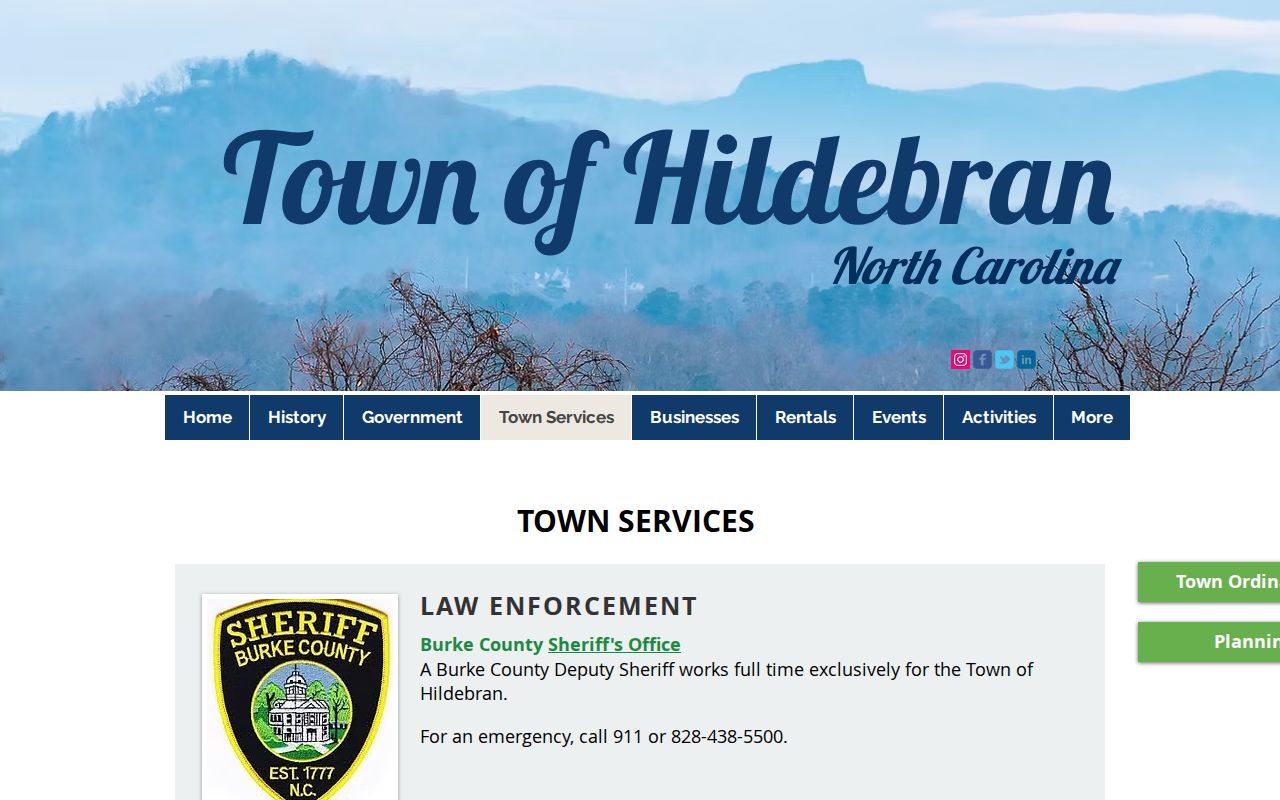 Town of Hildebran services page stating that Burke County Sheriff provides law enforcement