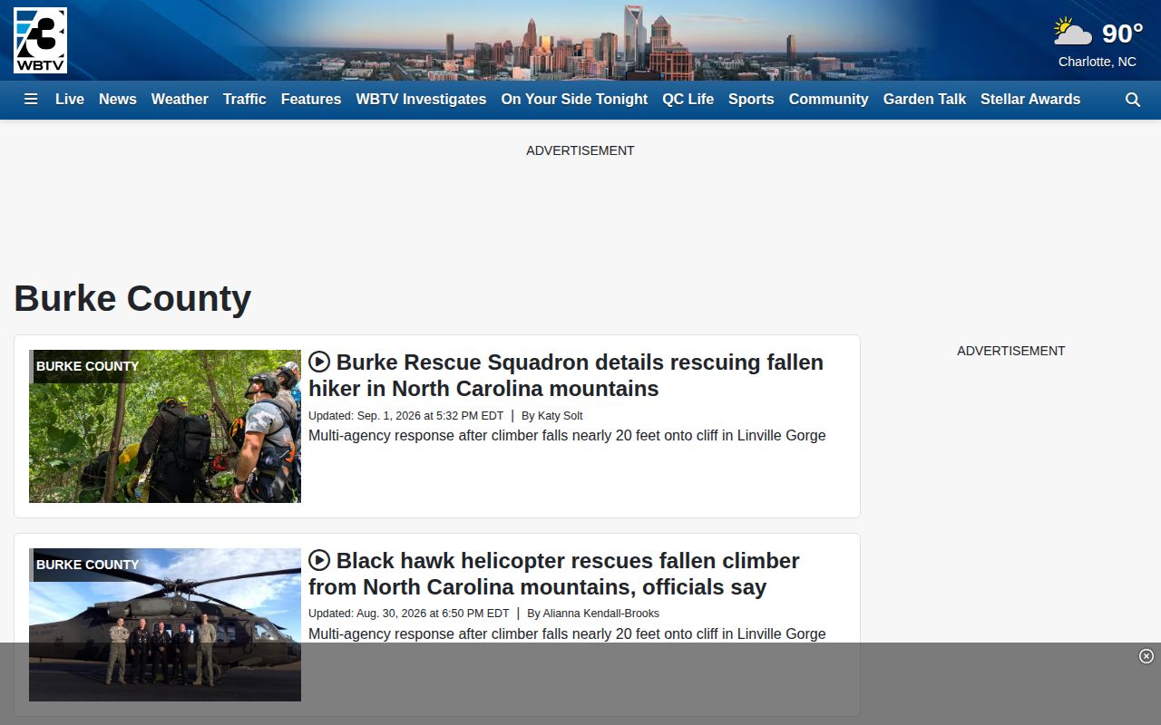 WBTV Burke County regional news page with selective crime coverage